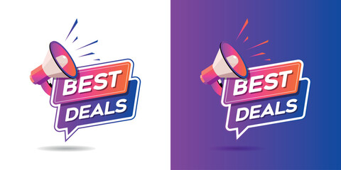 Best Deals Logo design with megaphone. The loudspeaker screams best deals offer. Best offer, limited sale offer. Mnemonic, poster, banner, graphic design template, unit vector, post, digital ad, icon