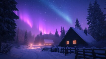 A house with a porch and a fence is lit up by the light of the aurora borealis
