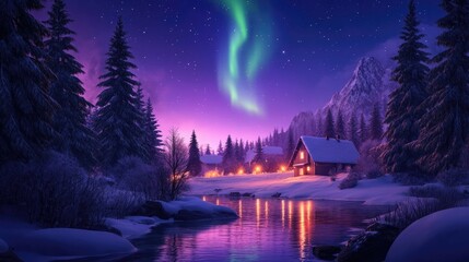 A beautiful winter scene with a house and a river