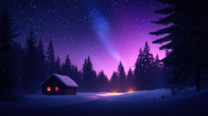 A cabin in the woods with a bright purple sky
