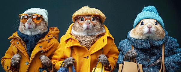 Guinea Pigs in Winter Coats and Accessories. A charming and creative image of three guinea pigs dressed in colorful winterwear, including scarves, hats, and glasses.
