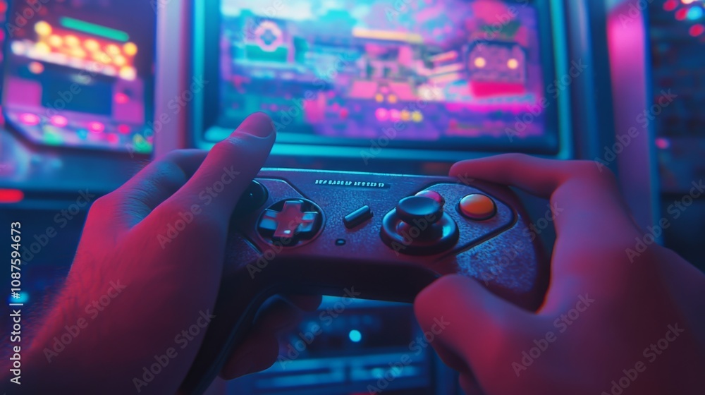 Poster Close-up view of hands gripping a game controller. Neon-colored lights from a nearby screen reflect on the skin. The game screen displays a colorful, action-packed scene.