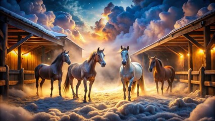 Surreal Horses in a Dreamlike Stable Setting with Mystical Elements and Ethereal Lighting, Capturing the Enchantment of Nature and Equine Beauty in a Whimsical Atmosphere