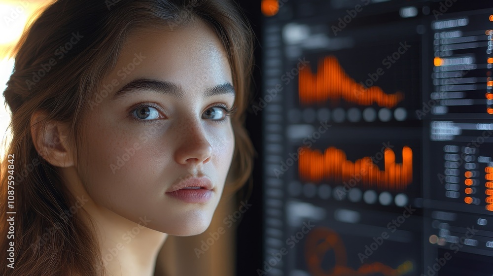 Poster a woman analyzes real-time server performance data in a modern workspace during daylight hours