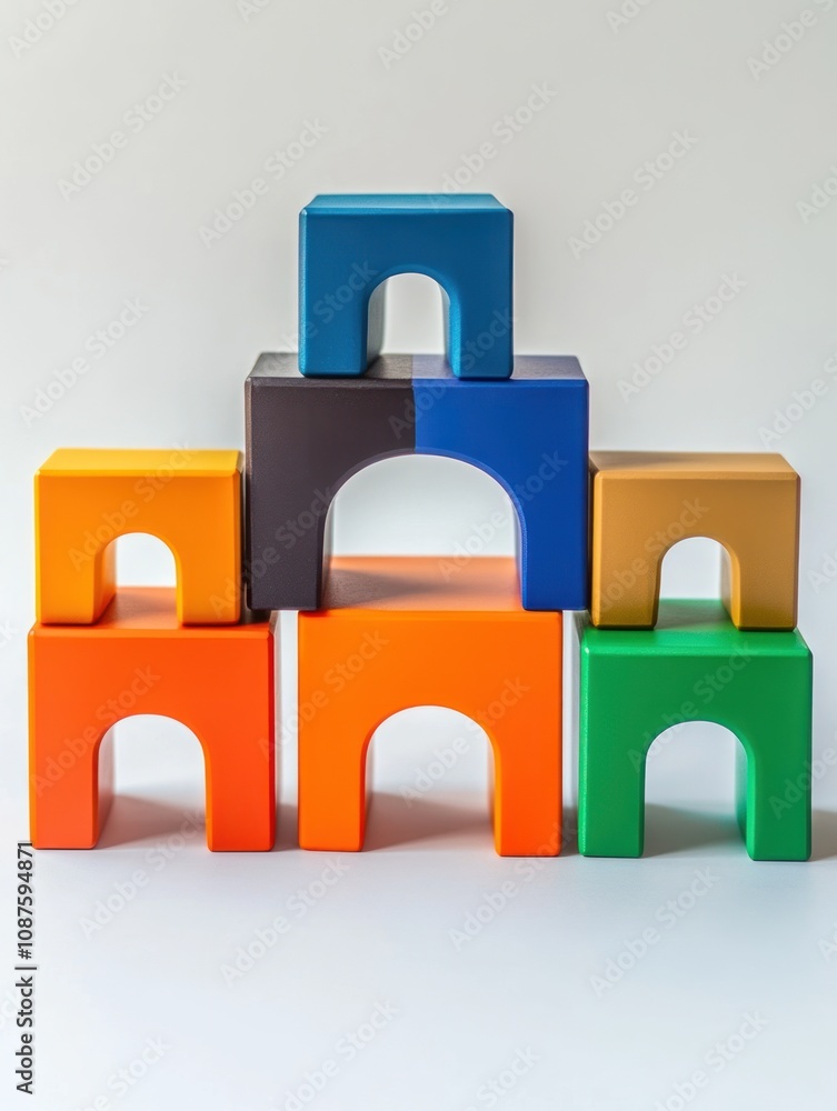 Poster a colorful arrangement of arch-shaped building blocks stacked creatively.