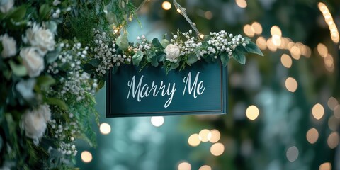 Romantic proposal setting with floral decorations, greenery, bokeh lights, and a heartfelt 'Marry Me' sign, perfect for engagement and wedding themes