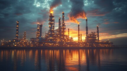 Fototapeta premium Oil refinery with dramatic clouds overhead: Dark industry and environment contrast, shallow depth of field, soft lighting
