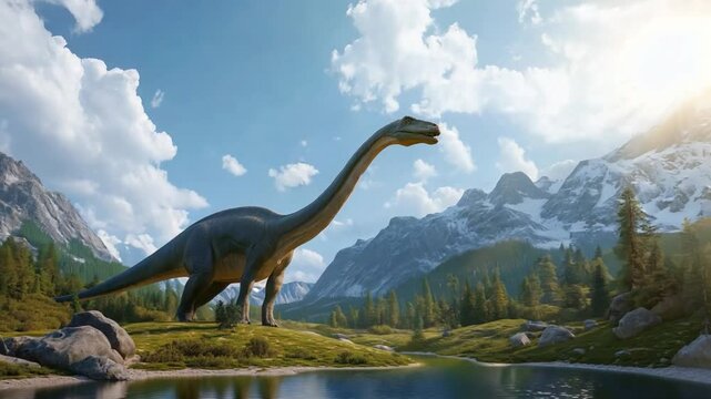 A large diplodocus dinosaur explores a vibrant valley with mountains in the background and a calm lake reflecting the sky during daylight hours