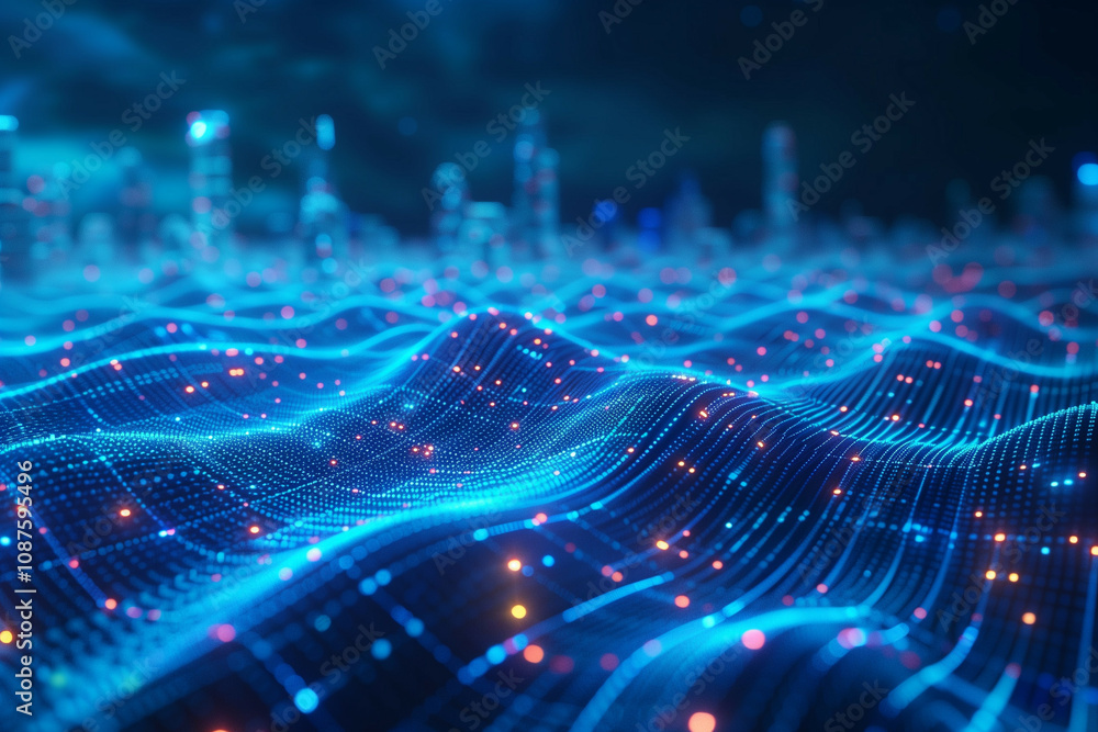 Poster futuristic digital landscape of neon blue waves and particles, symbolizing advanced technology and d