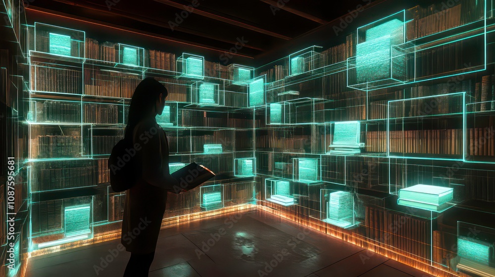 Poster virtual 3d bookshelf, where each book glows and rotates as a reader selects it, highlighting the imm