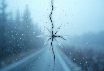 A close-up of a cracked window with rainfall creating a blurred view of a rainy road on an overcast day