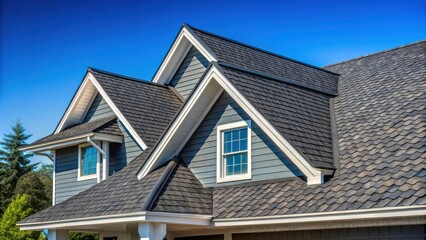 Close-up View of a Gray Shingled Roof with White Trim and a Single Window on a Sunny Day