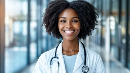 African american doctor woman with curly hair smiles warmly in a well lit hospital hallway, ready to serve patients and provide care