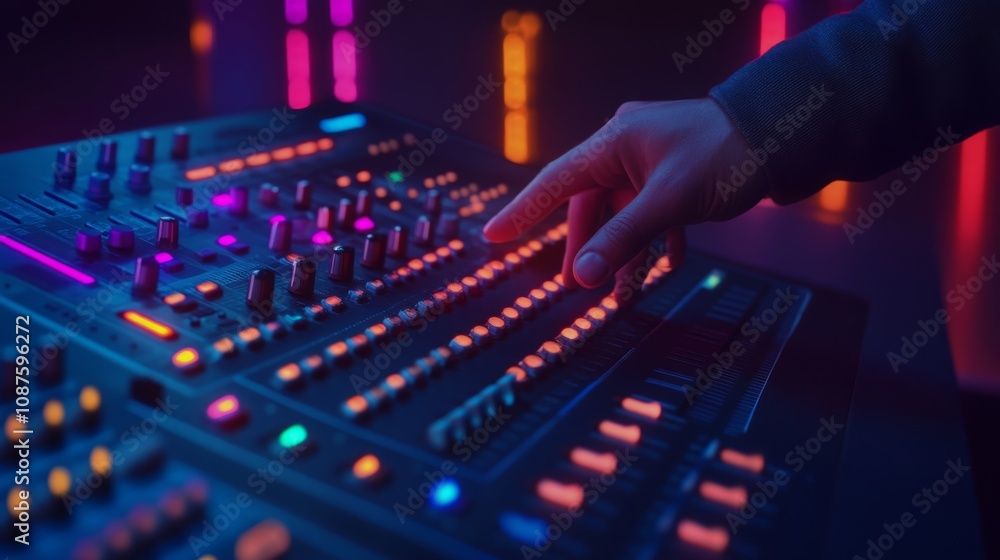 Poster Close-up of a person's hand manipulating the faders and knobs of a professional audio mixing console.