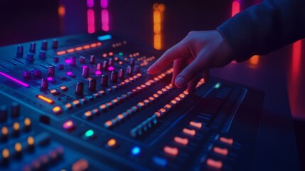 Close-up of a person's hand manipulating the faders and knobs of a professional audio mixing console.