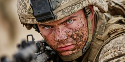 Fototapeta premium A focused soldier in combat gear, ready for action. The soldier has a determined look and is covered in dirt. 