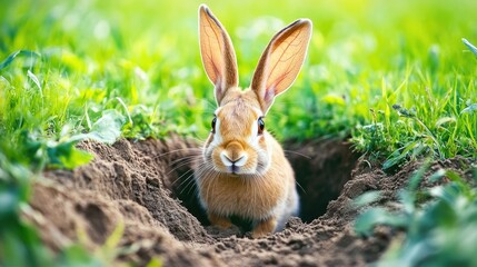 Obraz premium European rabbit peeking out from a burrow entrance, with its ears up and soft earth surrounding the opening.