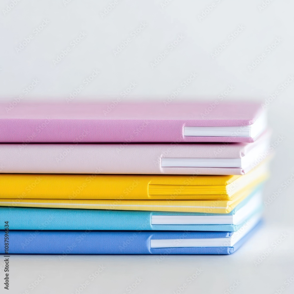Poster a stack of colorful notebooks arranged neatly, ideal for organization and note-taking.