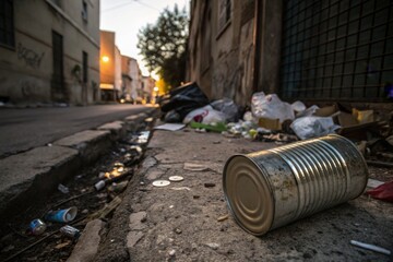 Fototapeta premium A discarded can lies on the dirty sidewalk surrounded by litter at dusk in a neglected urban alley