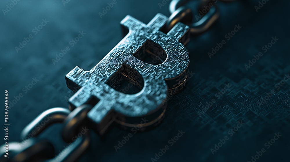 Poster blockchain technology and financial infrastructure. a close-up view of a metallic bitcoin symbol con