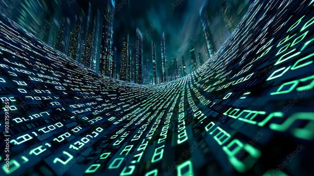 Poster blockchain technology and financial infrastructure. a digital tunnel filled with glowing binary code