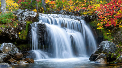 Obraz premium A serene waterfall with crystal-clear water flowing over moss-covered rocks, surrounded by autumn foliage in shades of red and yellow