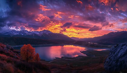 Naklejka premium A stunning nature landscape Resia Lake in the Dolomites during sunrise, showcasing a colorful sky and a breathtaking view the surrounding area.