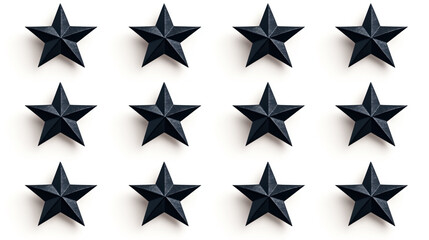 Twelve three-dimensional black stars arranged in a uniform grid pattern on a white background casting subtle shadows.