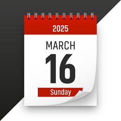 Date 16 March 2025 year realistic calendar day page design
