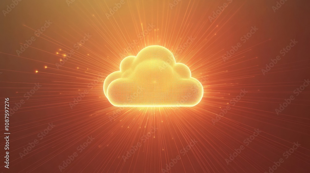 Poster A bright cloud icon shines against a warm backdrop, surrounded by rays of light creating an inviting atmosphere at dusk. Generative AI