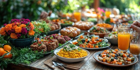 Obraz premium Abundant outdoor feast with colorful dishes and flowers.