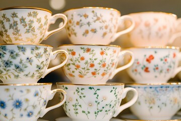 Hand-Painted Porcelain Teacups with Intricate Floral Patterns and Gold Accents, Stacked Elegantly in a Vintage Display
