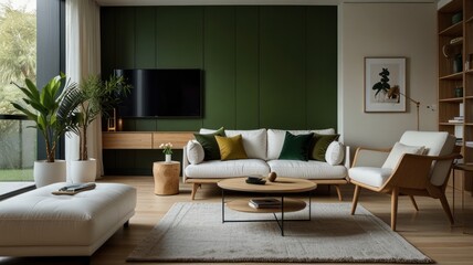 Here's a  and keyword list for your stock photo... Modern living room with green accent wall, white sofa, and wooden furniture.