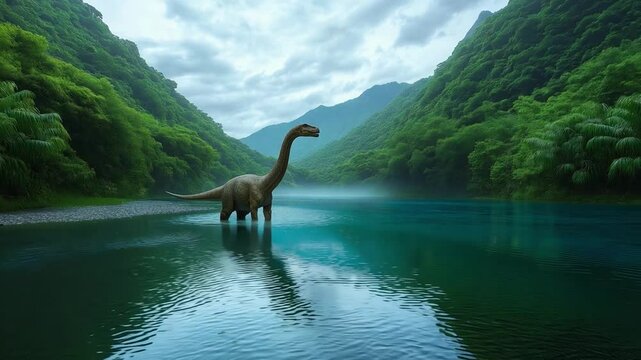 A massive dinosaur stands in a calm river, its surroundings filled with dense greenery and towering mountains in the background