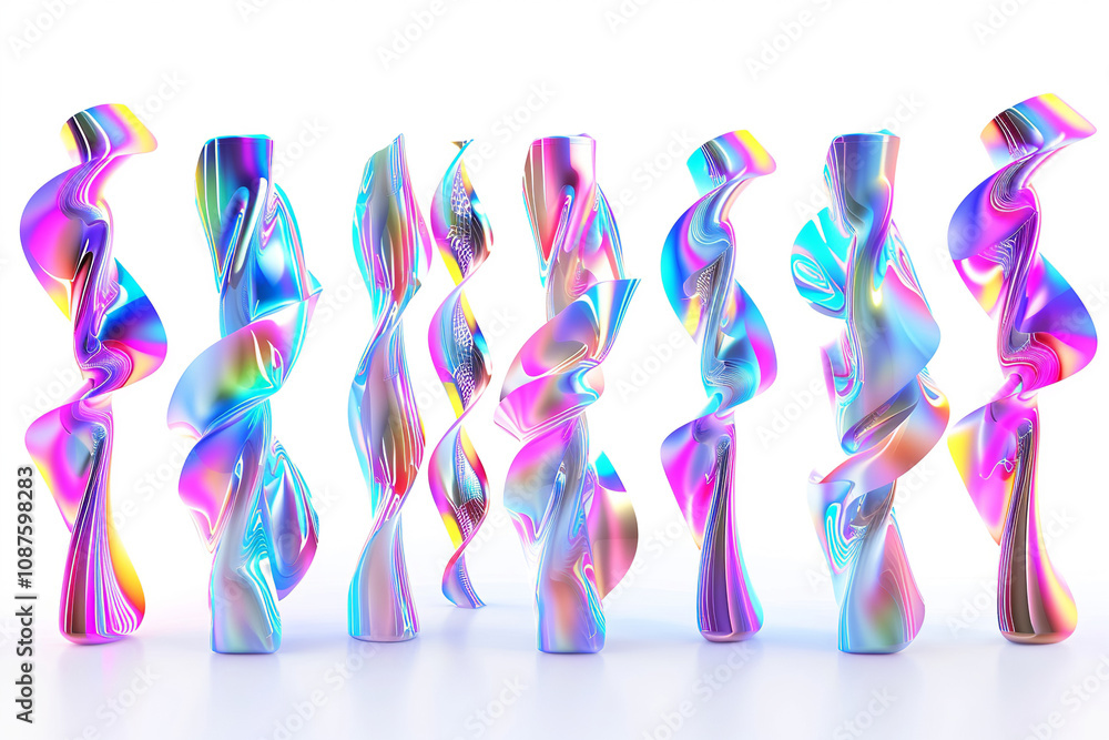 Poster abstract geometric shapes of different shapes with holographic and neon lighting. abstract twisted m