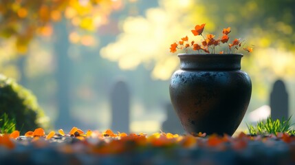 Simple Cremation Urn with Ashes in Peaceful Cemetery with Flowers in Foreground