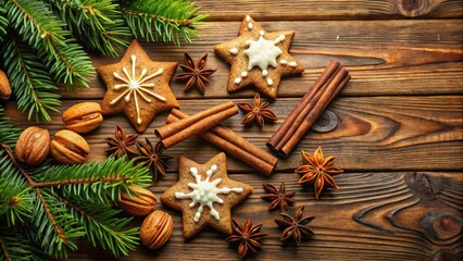 Fototapeta premium Star-shaped cookies with cinnamon sticks and star anise on a rustic wooden background