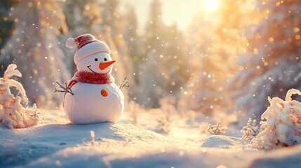 Snowman in Winter Landscape with Snowfall on Christmas Morning