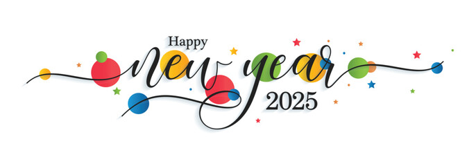 Happy New Year 2025 Typography. Hand drawn modern vector calligraphy with brush stroke. Simple inscription with swashes wavy lettering text. 1 January New Year Eve greeting card and Social Media Cover