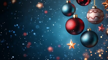 Banner with Christmas Baubles and Stars on Blue Background