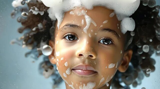 A close-up of a child's face with curly hair, covered in bubbles and soap, against a blurred blue background.