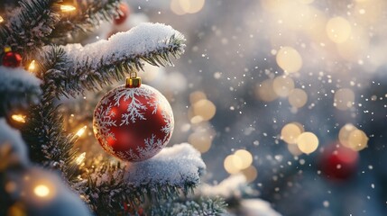 Christmas Tree Decorated with Red and White Ornaments and Snowy Branches