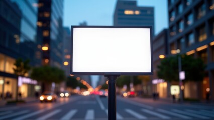 Fototapeta premium A modern citylight board mockup glowing softly against a background of blurred city lights and sleek architecture.
