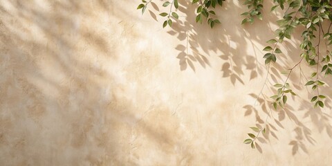 Sunlight filtering through delicate foliage casts elongated shadows on a textured cream wall