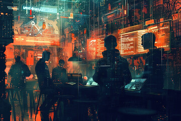 A group of people are sitting at a bar in a futuristic city
