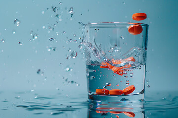 Pills fall into a glass of water, creating splashes and bubbles. The photo reflects the process of taking medications.