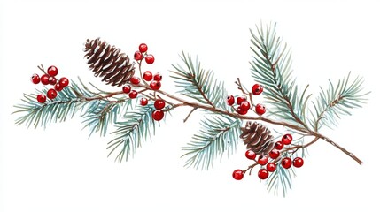 Festive Pine and Red Berry Branch on White Background