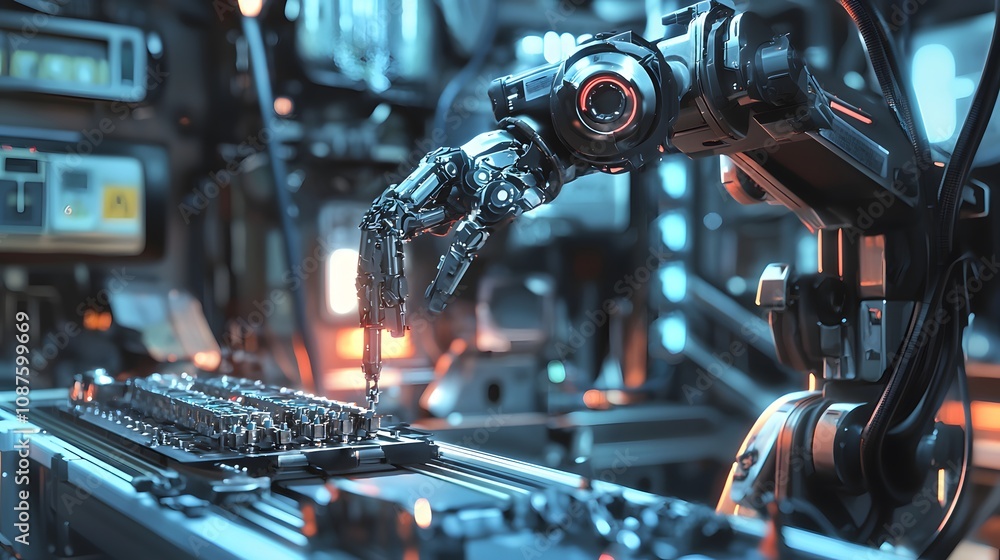 Poster Robotic arm assembling components high-tech lab digital art futuristic environment close-up automation concept