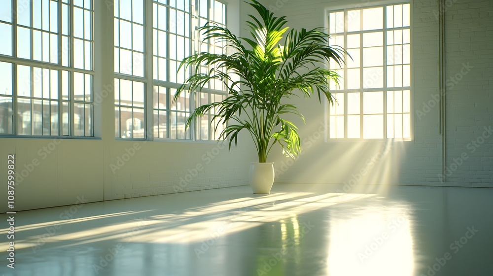 Poster sunlight streaming through windows indoor plant modern space bright environment serene view tranquil