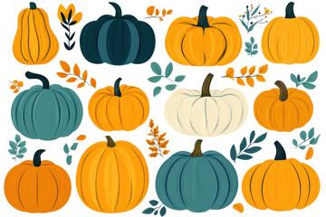 Decorative pumpkins in different shapes and colors with leaves on light background
